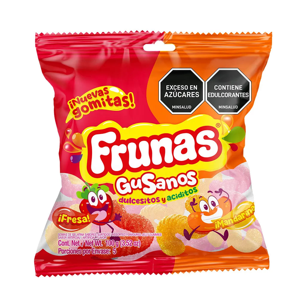 Frunas Gummy Worms – 100 g (3.53 oz) – Strawberry & Mandarin – Sweet & Sour Colombian Gummy Candy – Imported