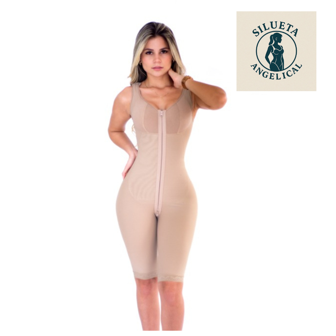 Faja Belleza Angelical Ref 104 – Knee-Length Full-Body Colombian Shapewear with Top Support – Powernet Compression Garment – Imported from Colombia