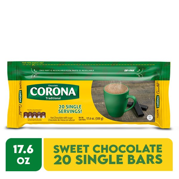 Chocolate Corona – 17.6 oz (500g) – Traditional Colombian Sweet Hot Chocolate Bar – 20 Single Bars – Resealable Pack - JETa Imports®