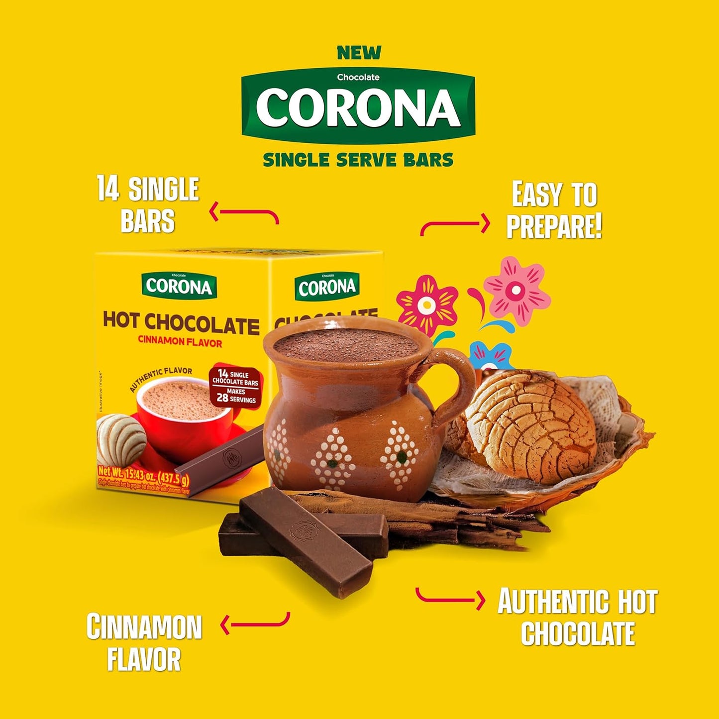 Corona Single Serve Cinnamon Hot Chocolate Bars – 14 Count – 15.43 oz (437 g) – Individually Wrapped Colombian Chocolate Tablets – Imported - JETa Imports®