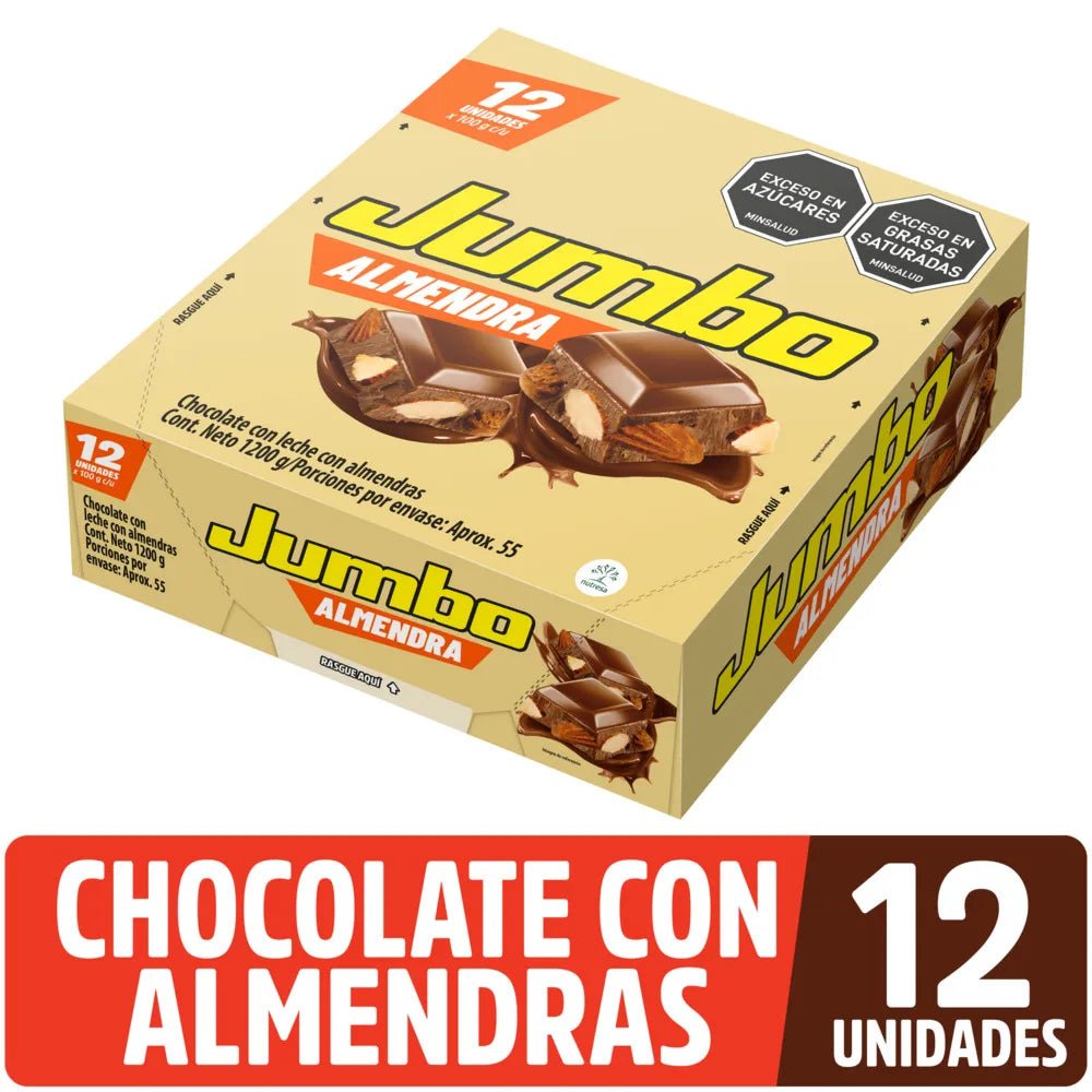 Jumbo Almendra – 12 Bars (1200g / 2.64 lbs) – Milk Chocolate with Crunchy Almonds – Imported from Colombia - JETa Imports®