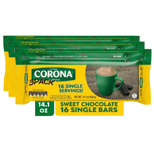 3 Pack Chocolate Corona – 14.1 oz (400g) – Traditional Colombian Sweet Hot Chocolate Bar – 16 Single Bars – Resealable Pack - JETa Imports®
