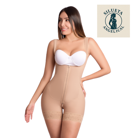 Silueta Angelical Ref 403 – Colombian Short-Leg Full-Body Shapewear – Powernet Compression Faja with Shoulder Hook and Lace Hem – Imported from Colombia