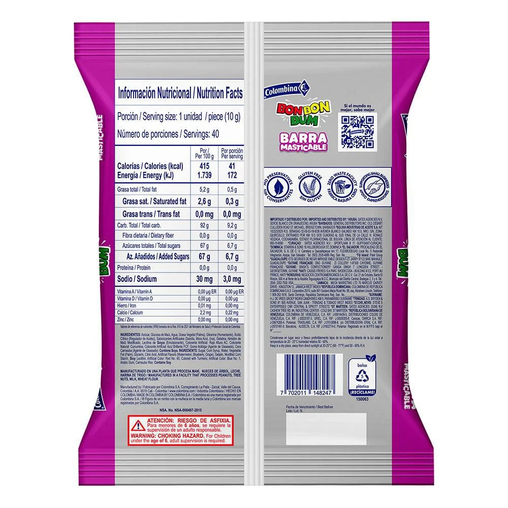 Colombina Bon Bon Bum Chewy Candy Bars 40 Count – 400g (14.11 oz) – Barra Masticable – Individually Wrapped Candy – Imported from Colombia