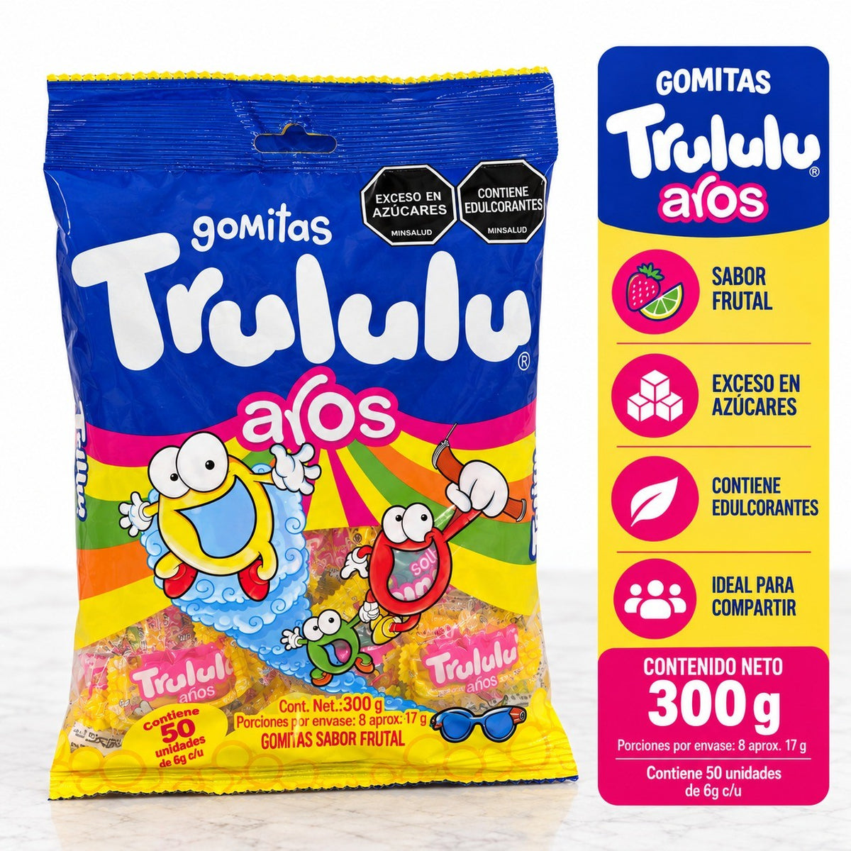 Trululu Aros Gummy Rings Candy, 50 Individually Packaged Pieces, 300g (10.58 oz), Fruity Chewy Gummies, Imported from Colombia