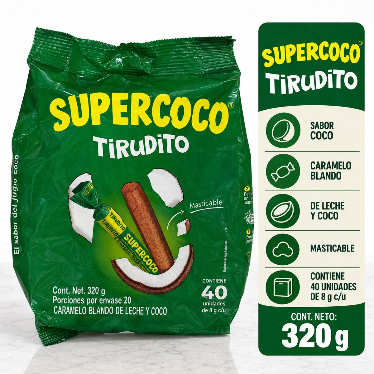 Supercoco Tirudito Coconut Chewy Candy Sticks, 40 Count, 320g (11.29 oz), 8g Each, Individually Wrapped Colombian Coconut Candy, Imported from Colombia
