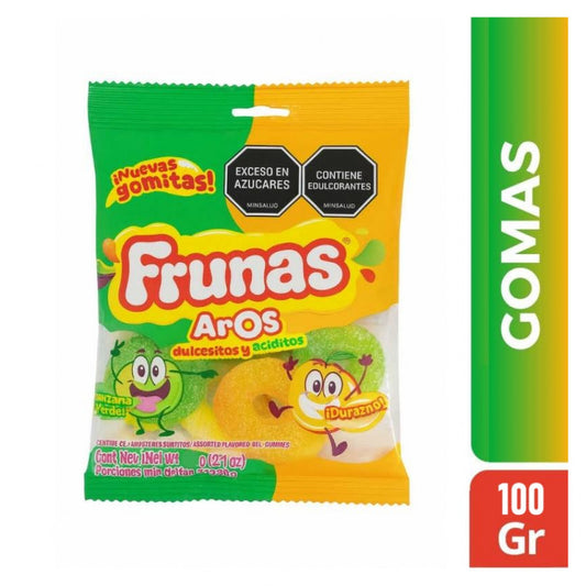 Frunas Aros Gummy Rings – 100 g (3.53 oz) – Green Apple & Peach – Sweet & Sour Colombian Gummy Candy – Imported