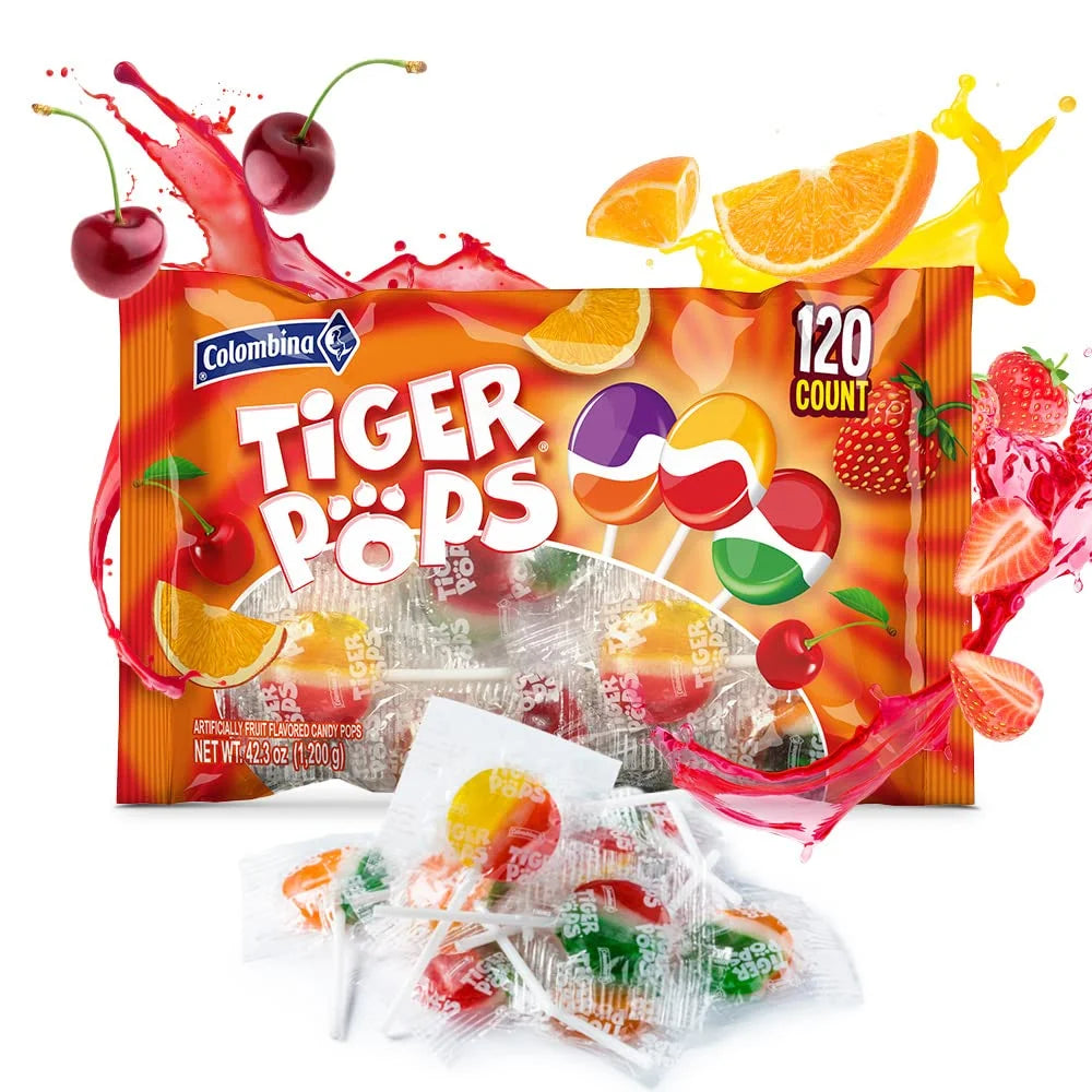 Colombina Tiger Pops Lollipops 120 Count 42.3 oz (2.64 lb) – Individually Wrapped Assorted Lollipops – Bulk Candy – Imported from Colombia