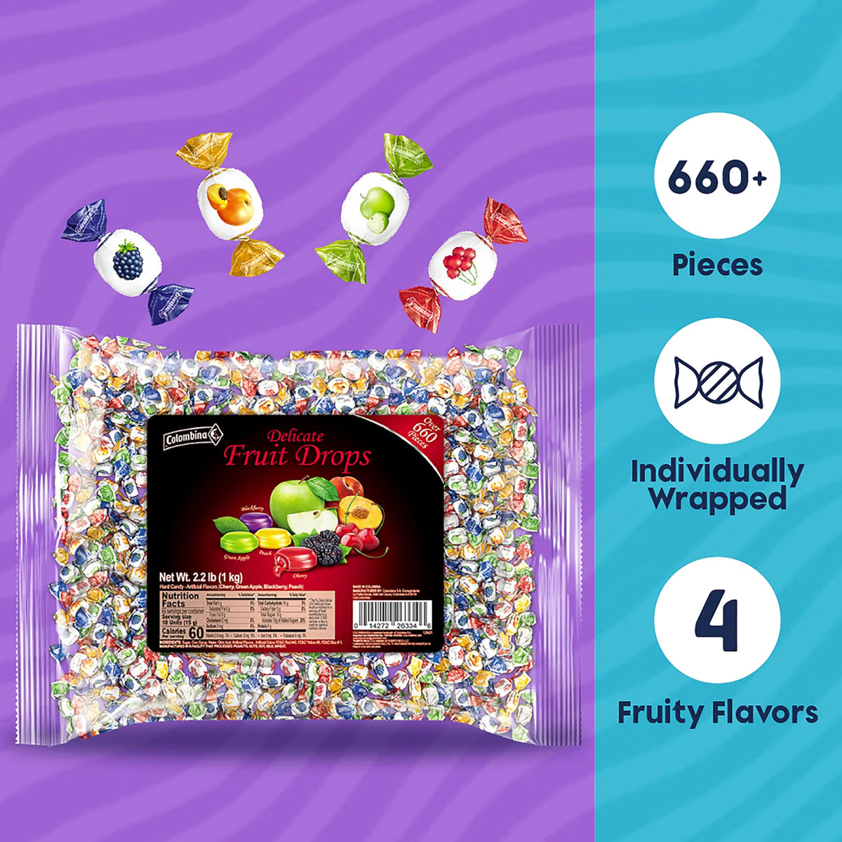 Colombina Delicate Fruit Drops Hard Candy 2.2 lb (1 kg) – 4 Assorted Fruit Flavors – Individually Wrapped – Imported from Colombia