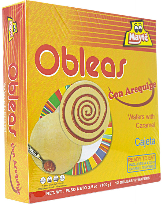 Mayte 12 Obleas con Arequipe 100 grs. - 12 Wafers with Milk Caramel 3.5 oz. - 1 Pack