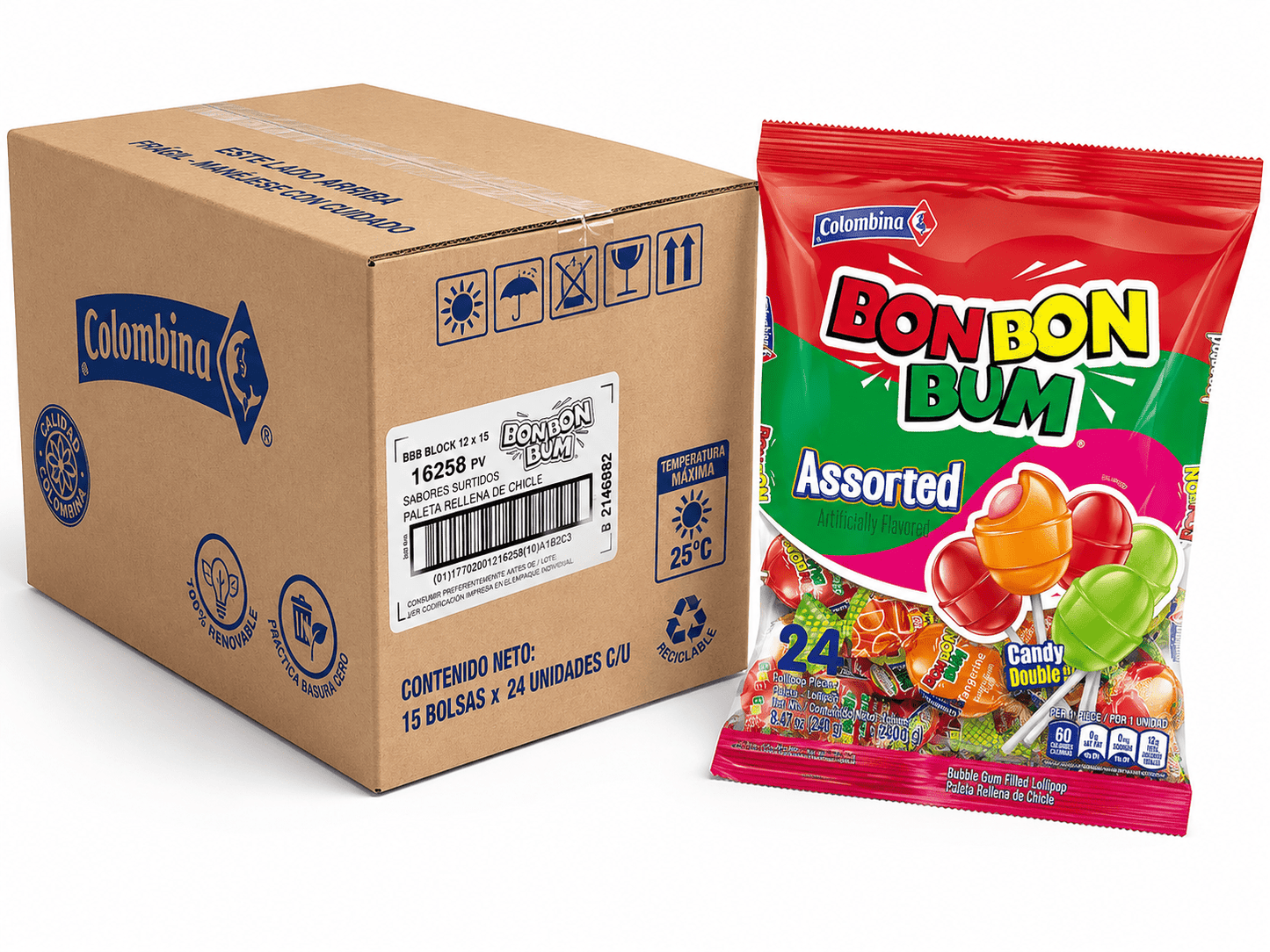 Bon Bon Bum Assorted Flavor Lollipops Master Case – 15 Bags (24 Lollipops Each, 360 Total) – 14.4 oz (408g) Per Bag, 216 oz (6.12 kg) Total – Imported from Colombia - JETa Imports®