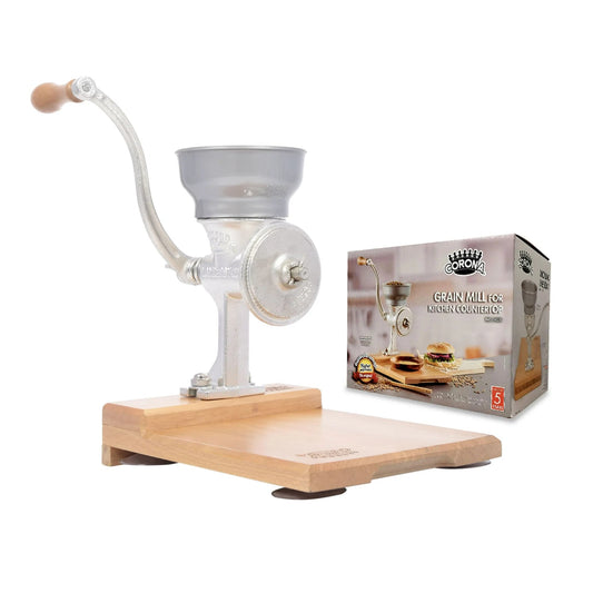 Corona Cast Iron Corn & Grain Mill with Wooden Table – Manual Hand Grinder for Corn, Wheat & Grains – Heavy - Duty Cast Iron Construction - JETa Imports®