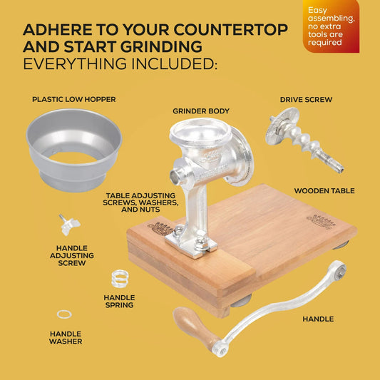 Corona Cast Iron Corn & Grain Mill with Wooden Table – Manual Hand Grinder for Corn, Wheat & Grains – Heavy - Duty Cast Iron Construction - JETa Imports®