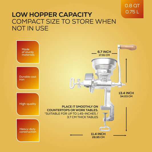 Corona Cast Iron Manual Corn & Grain Grinder with Low Hopper – Hand Crank Mill for Corn, Wheat & Grains – Heavy - Duty Construction - JETa Imports®