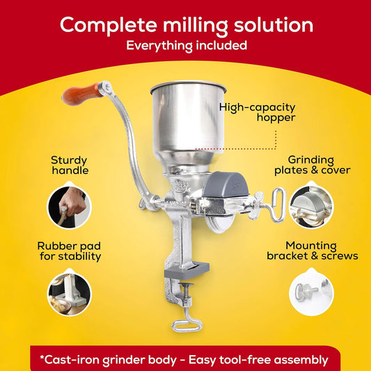 Corona Corn Grinder with High Hopper – Manual Cast Iron Grain Mill – Ideal for Grinding Corn for Arepas – Wheat, Rice & Soybean Grinder – Imported from Colombia - JETa Imports®