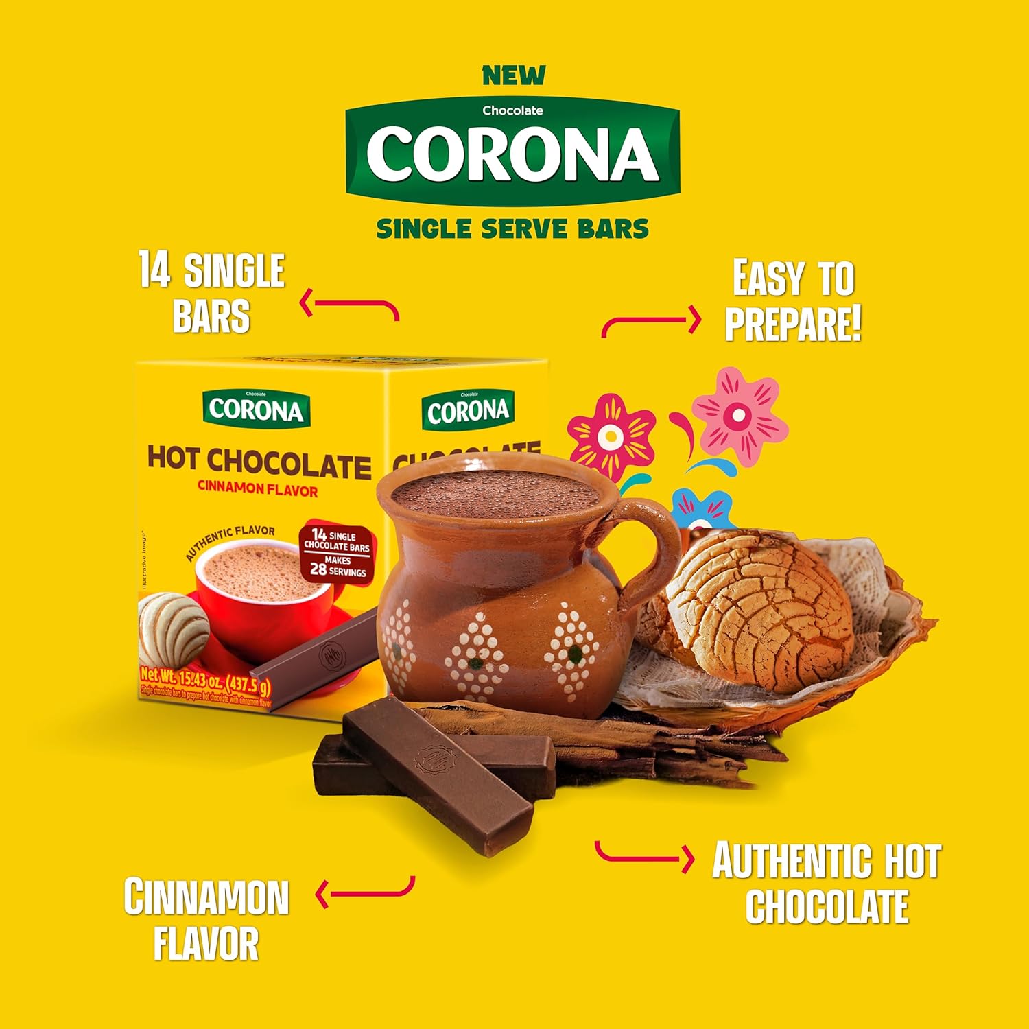 Corona Single Serve Cinnamon Hot Chocolate Bars – 14 Count – 15.43 oz (437 g) – Individually Wrapped Colombian Chocolate Tablets – Imported - JETa Imports®