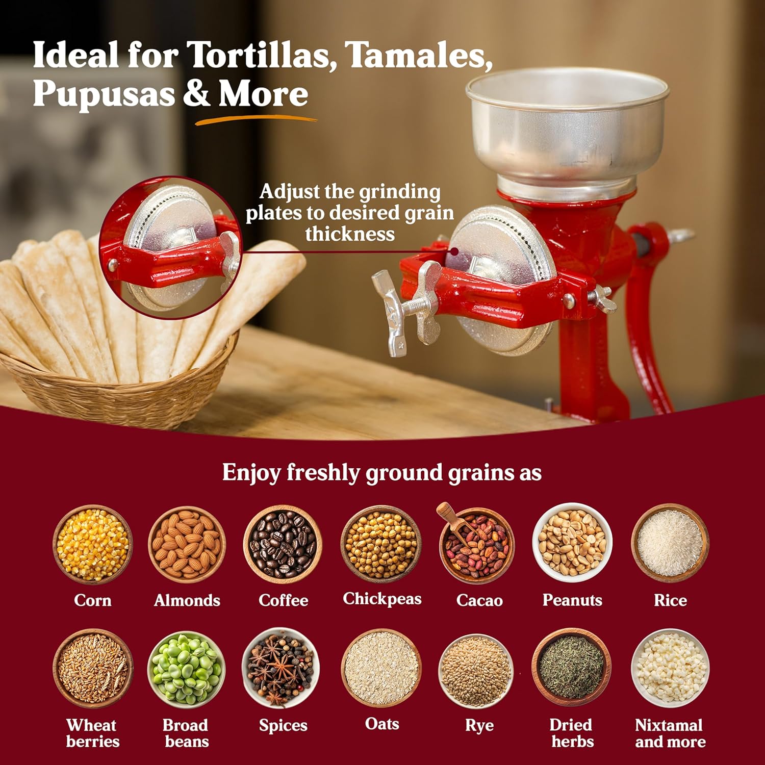 Estrella Cast Iron Manual Crank Corn & Grain Grinder – 14” Tall with 5” Hopper – Hand Operated Mill for Corn, Grains & Beans - JETa Imports®