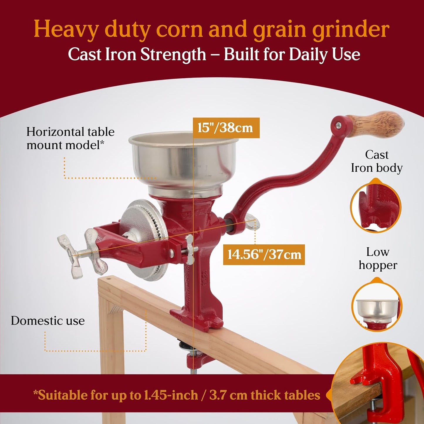 Estrella Cast Iron Manual Crank Corn & Grain Grinder – 14” Tall with 5” Hopper – Hand Operated Mill for Corn, Grains & Beans - JETa Imports®