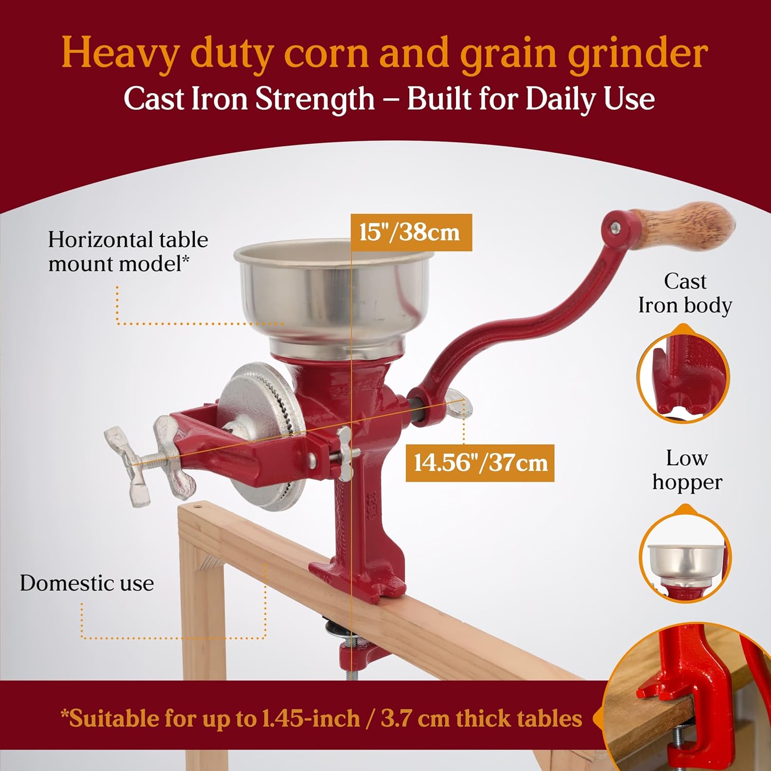 Estrella Cast Iron Manual Crank Corn & Grain Grinder – 14” Tall with 5” Hopper – Hand Operated Mill for Corn, Grains & Beans - JETa Imports®