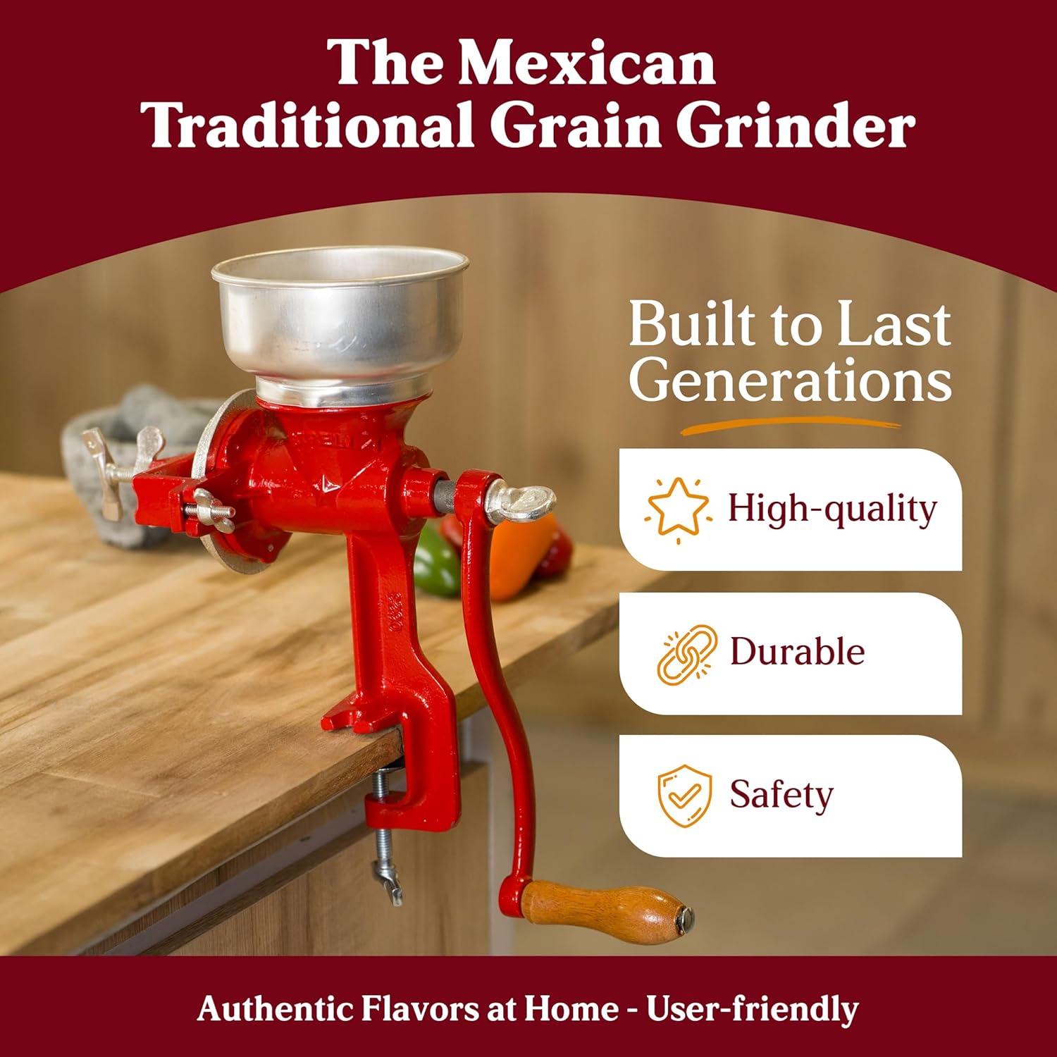 Estrella Cast Iron Manual Crank Corn & Grain Grinder – 14” Tall with 5” Hopper – Hand Operated Mill for Corn, Grains & Beans - JETa Imports®