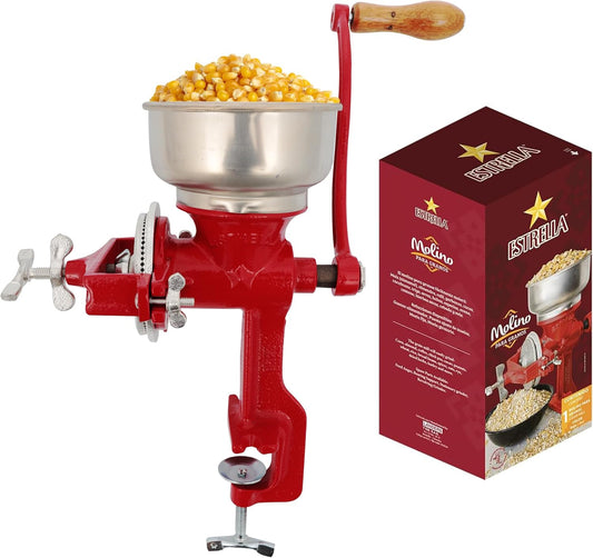 Estrella Cast Iron Manual Crank Corn & Grain Grinder – 14” Tall with 5” Hopper – Hand Operated Mill for Corn, Grains & Beans - JETa Imports®