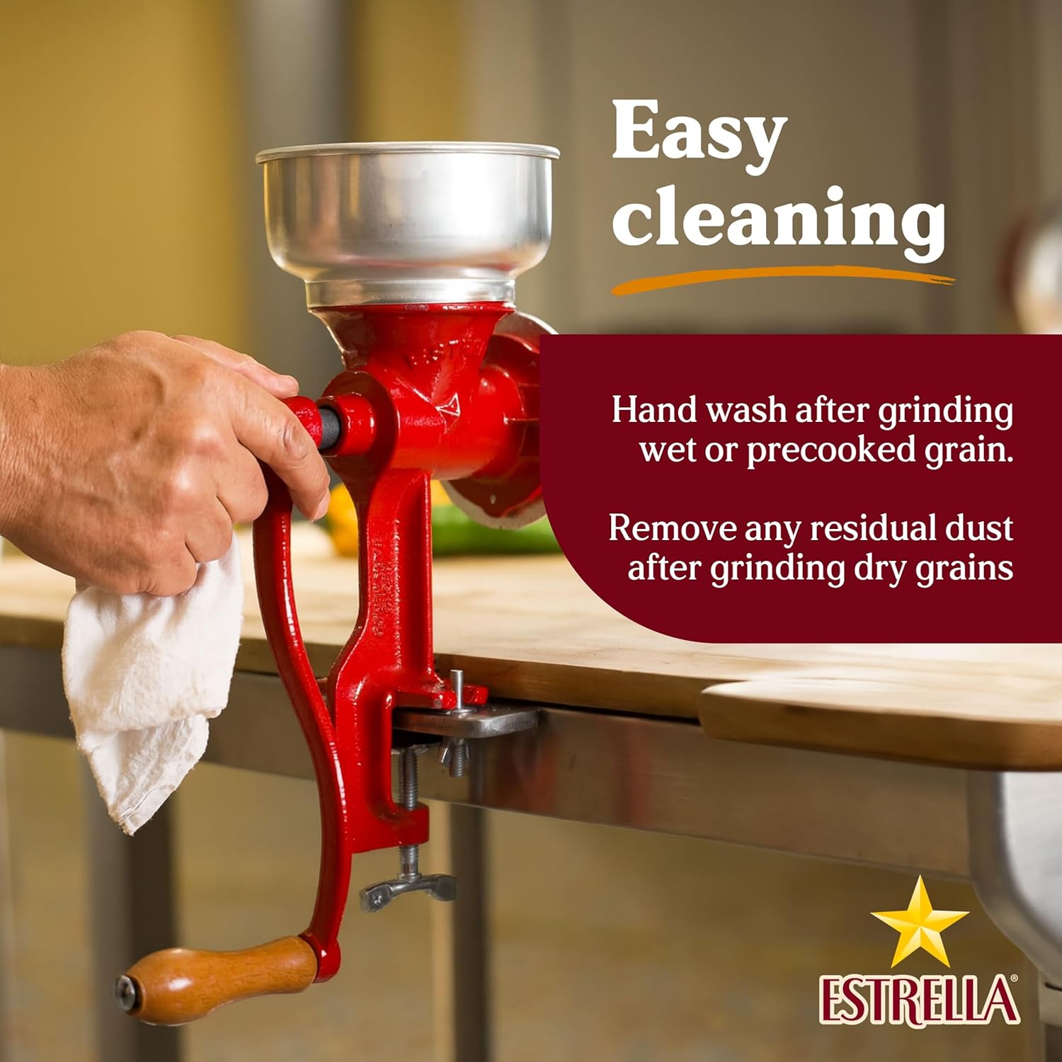 Estrella Cast Iron Manual Crank Corn & Grain Grinder – 14” Tall with 5” Hopper – Hand Operated Mill for Corn, Grains & Beans - JETa Imports®