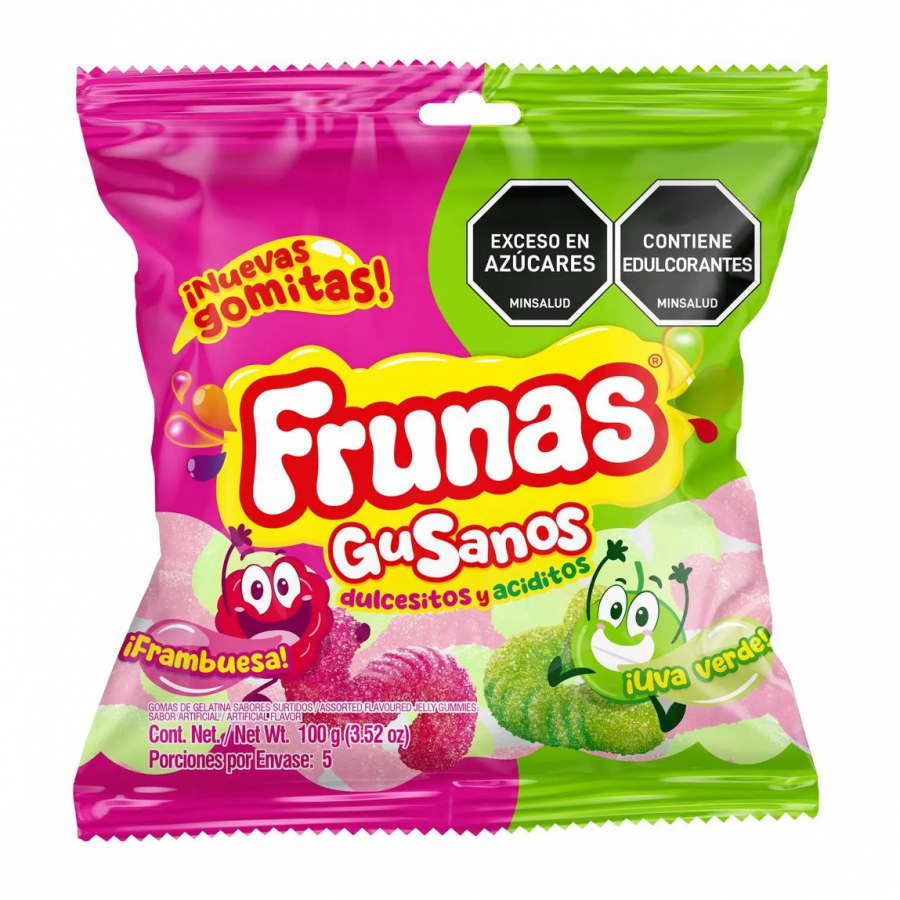 Frunas Gummy Worms – 100 g (3.53 oz) – Raspberry & Green Grape – Sweet & Sour Colombian Gummy Candy – Imported - JETa Imports®