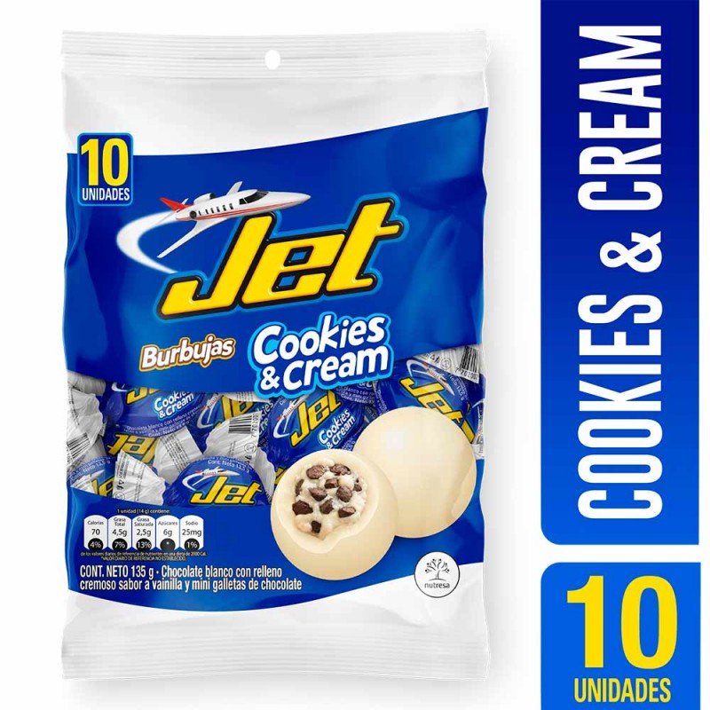 JET Burbujas Cookies & Cream – 10 Pack – 135 g (4.76 oz) – Colombian Chocolate Candy with Cookies & Vanilla Filling – Imported from Colombia - JETa Imports®
