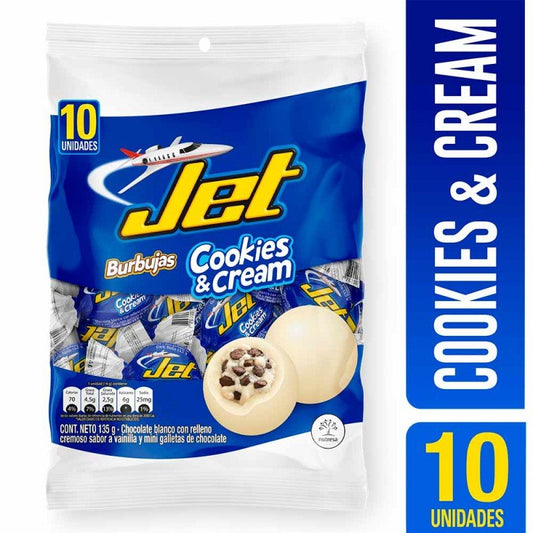 JET Burbujas Cookies & Cream – 10 Pack – 135 g (4.76 oz) – Colombian Chocolate Candy with Cookies & Vanilla Filling – Imported from Colombia - JETa Imports®