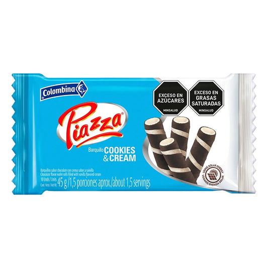 PIAZZA Barquillo Cookies & Cream 45 g – 45 g (1.59 oz) – Colombian Crispy Wafer with Cookies & Cream Filling – Imported from Colombia - JETa Imports®