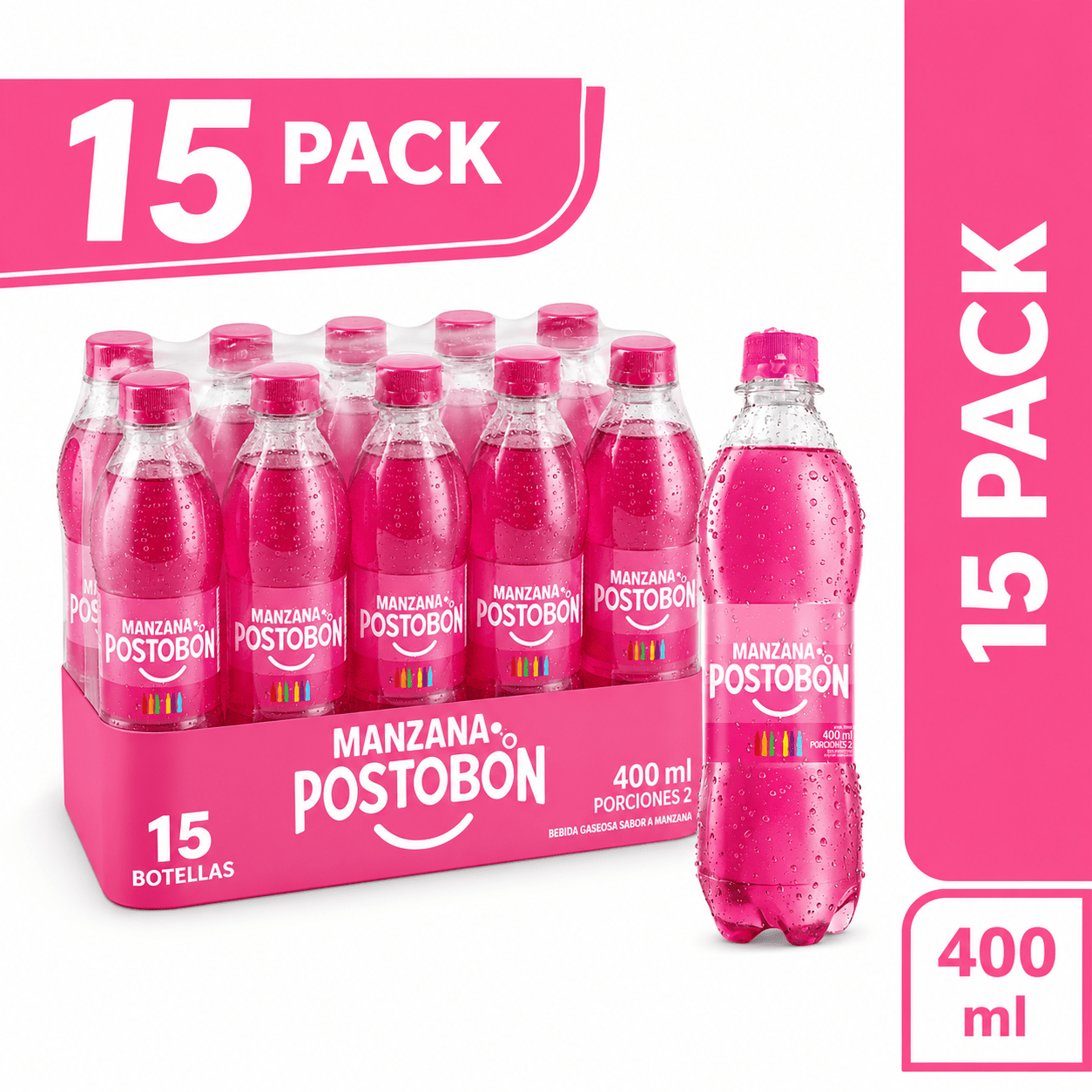 Postobon Apple Soda 15 Pack (400ml Each Bottle) 13.5oz – Manzana Flavored Carbonated Soft Drink – Imported from Colombia - JETa Imports®