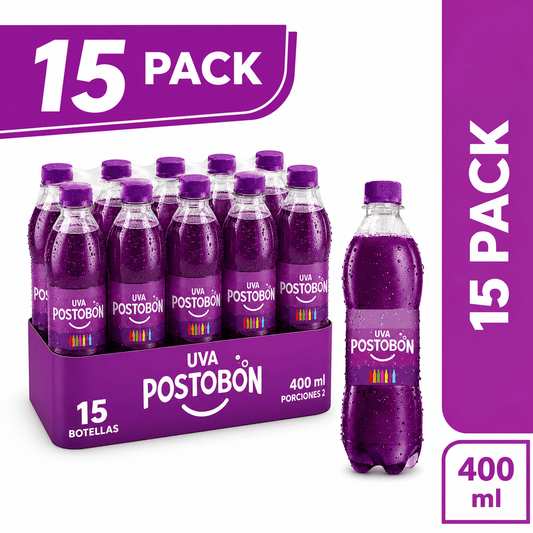 Postobon Grape Soda 15 Pack (400ml / 13.5 fl oz Each Bottle) – Uva Flavored Carbonated Soft Drink – Imported from Colombia - JETa Imports®