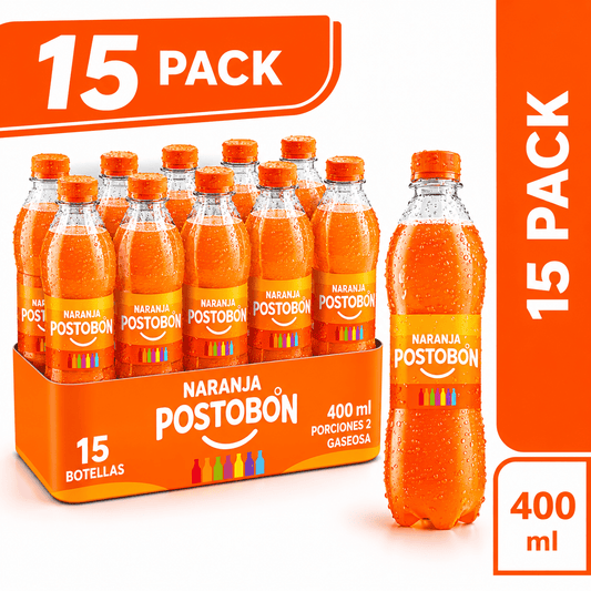 Postobon Orange Soda 15 Pack (400ml / 13.5 fl oz Each Bottle) – Naranja Flavored Carbonated Soft Drink – Imported from Colombia - JETa Imports®