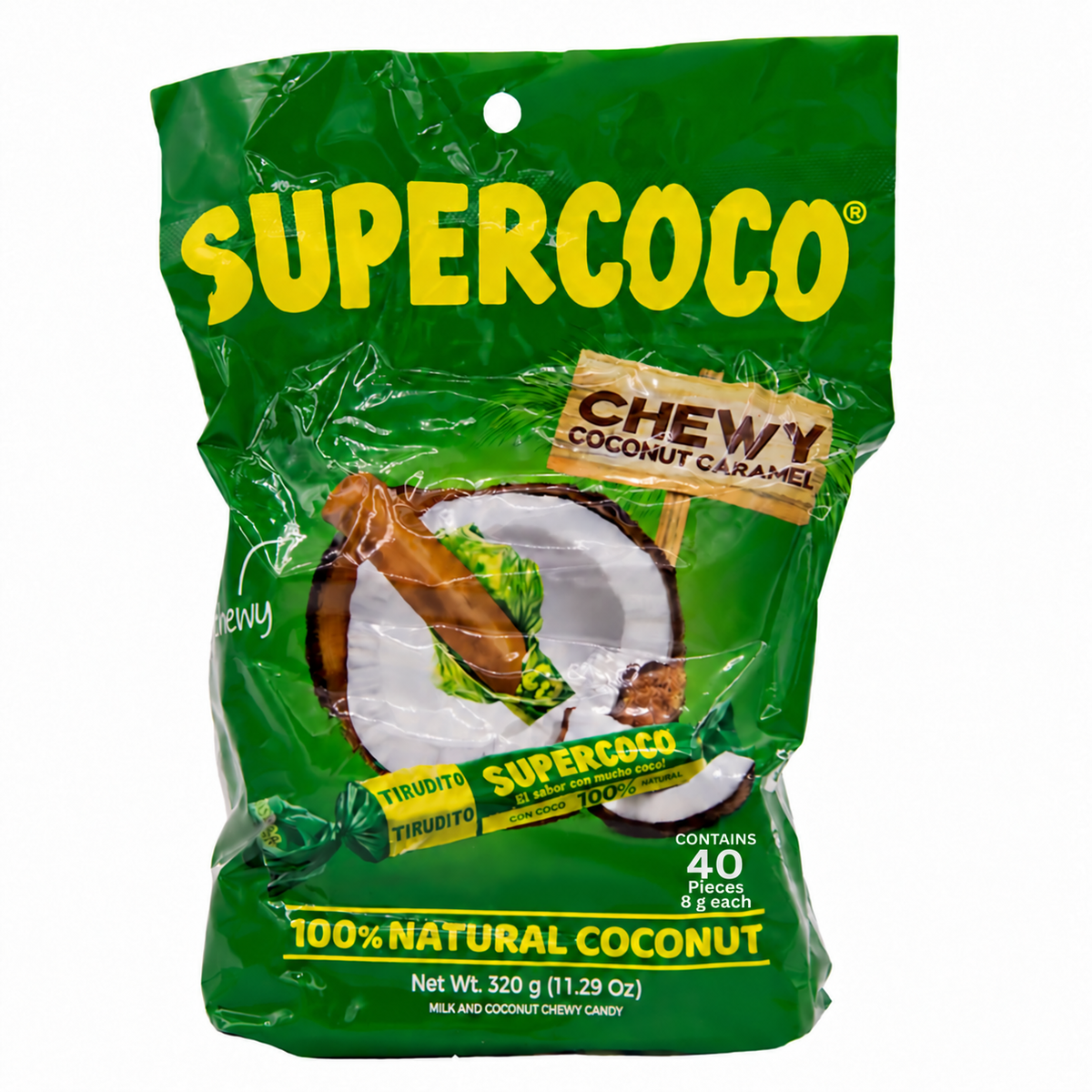 Supercoco Tirudito Coconut Chewy Candy Sticks, 40 Count, 320g (11.29 oz), 8g Each, Individually Wrapped Colombian Coconut Candy, Imported from Colombia