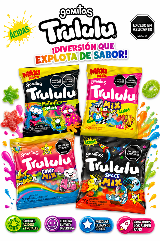 Trululu Gummies Assorted Variety Pack – 4 Pack (100g Each, 400g Total / 14.1 oz) – Color Mix, Mutantes Splash, Sour Mix & Space Mix – Best Sellers – Imported from Colombia - JETa Imports®