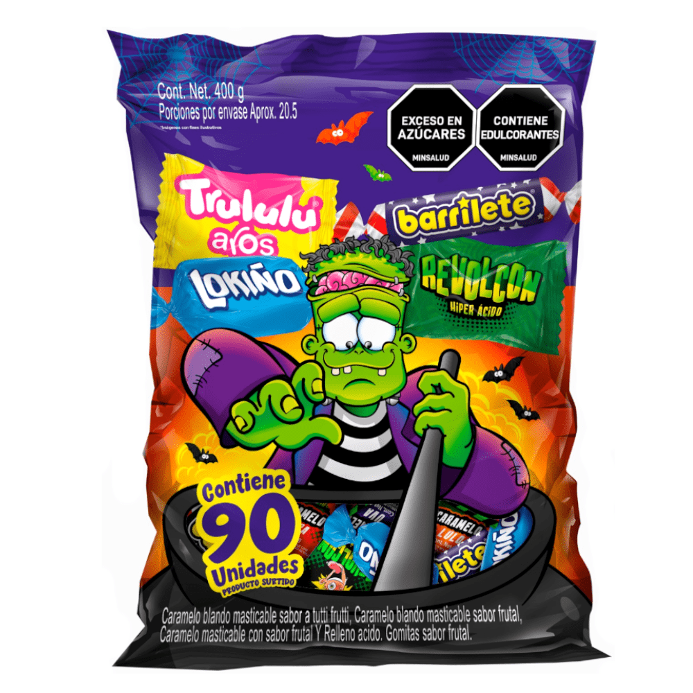 Trululu Halloween Mix – 90 Units – 400 g (14.1 oz) – Colombian Candy Assortment with Aros, Lokino, Barrilete & Revolcón Hyper Ácido – Imported from Colombia - JETa Imports®