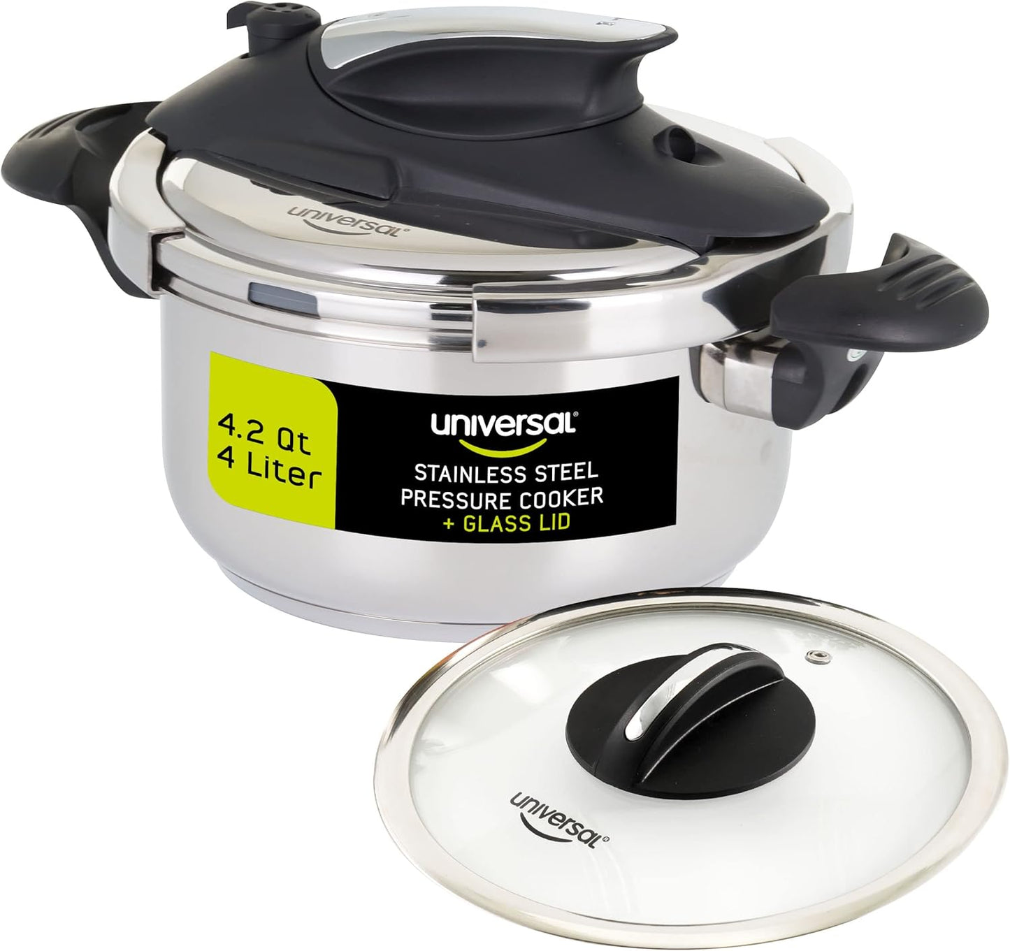 Universal 4.2 Quart (4 Liter) Stainless Steel Pressure Cooker – Includes Extra Glass Lid – Induction Compatible – Multipurpose Pot – 5 Servings - JETa Imports®