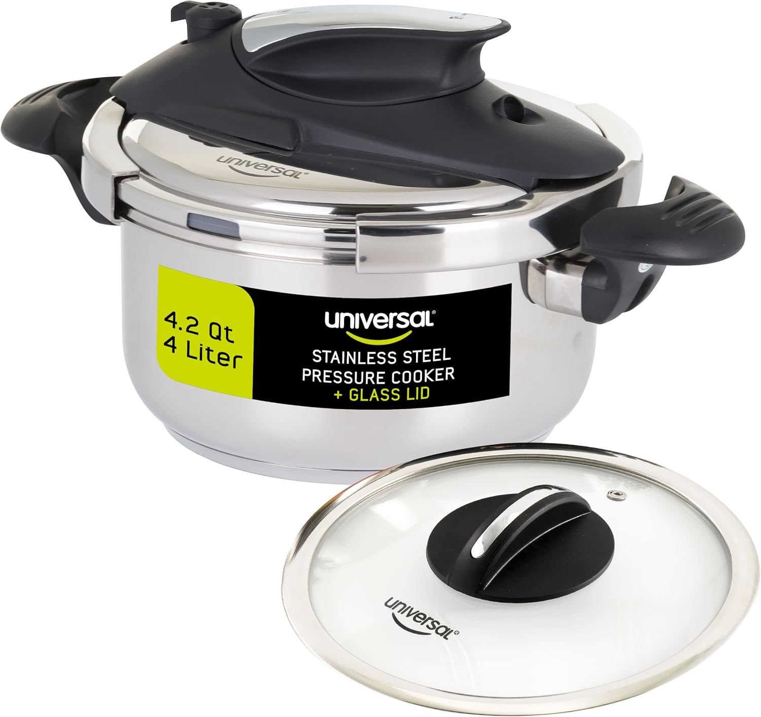 Universal 4.2 Quart (4 Liter) Stainless Steel Pressure Cooker – Includes Extra Glass Lid – Induction Compatible – Multipurpose Pot – 5 Servings - JETa Imports®