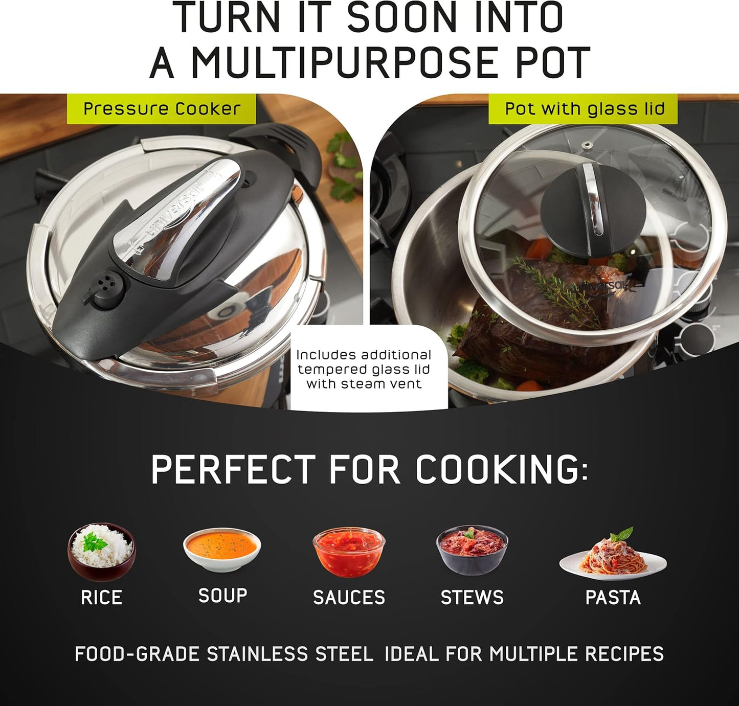 Universal 4.2 Quart (4 Liter) Stainless Steel Pressure Cooker – Includes Extra Glass Lid – Induction Compatible – Multipurpose Pot – 5 Servings - JETa Imports®