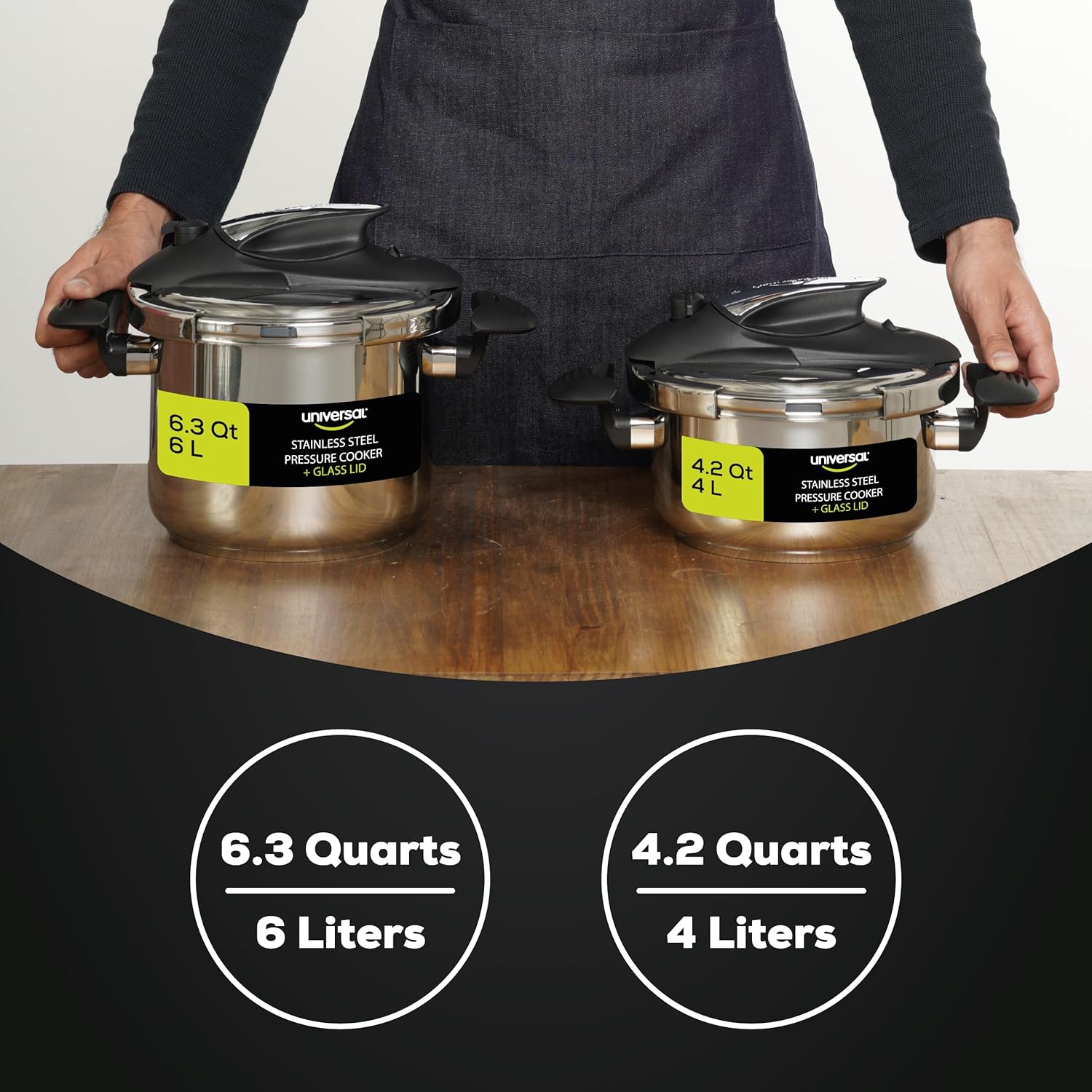 Universal 4.2 Quart (4 Liter) Stainless Steel Pressure Cooker – Includes Extra Glass Lid – Induction Compatible – Multipurpose Pot – 5 Servings - JETa Imports®