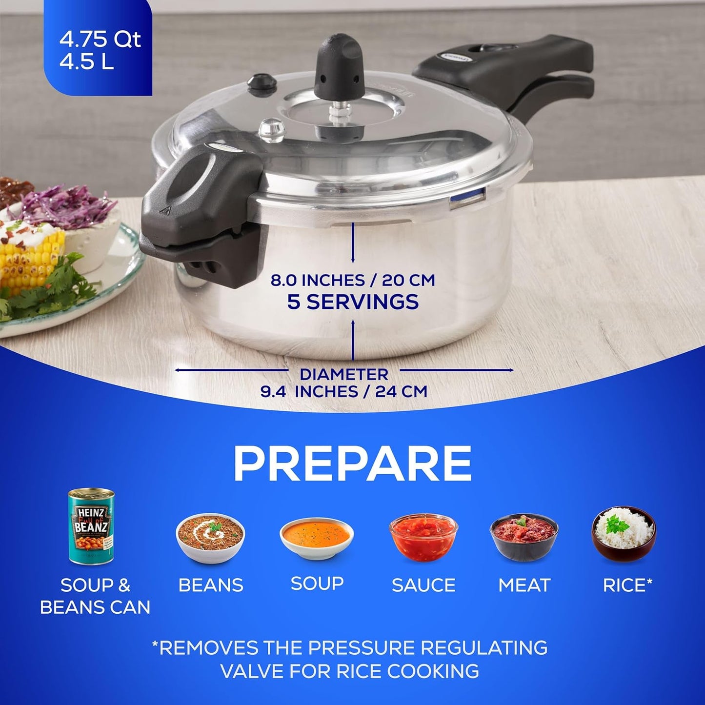 Universal Ultra Pressure Cooker – 4.75 Quart (4.5 Liter) Aluminum Pressure Pot – 6 Safety Systems – 9.4 in Diameter – Imported - JETa Imports®